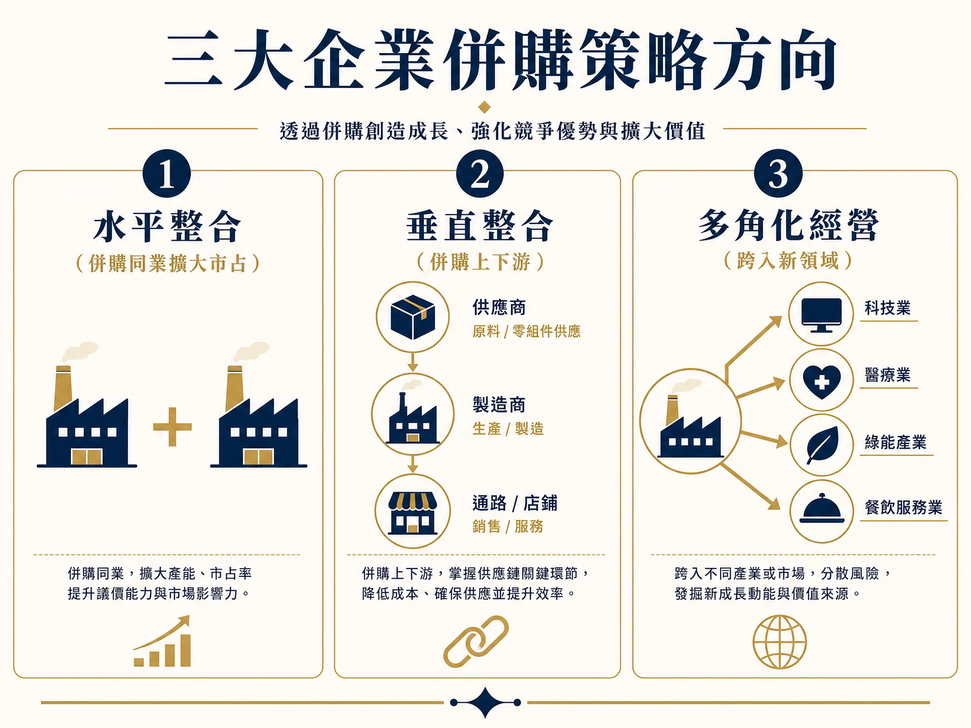 企業收購的三大策略方向:水平整合、垂直整合、多角化經營