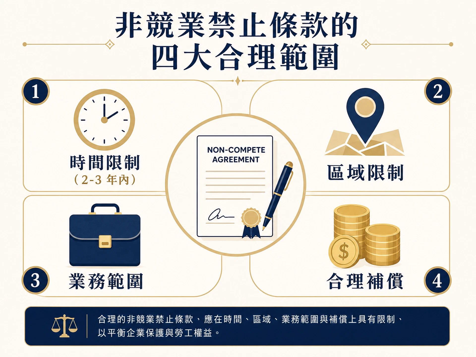 競業禁止條款的四大合理範圍:時間、區域、業務範圍、補償機制