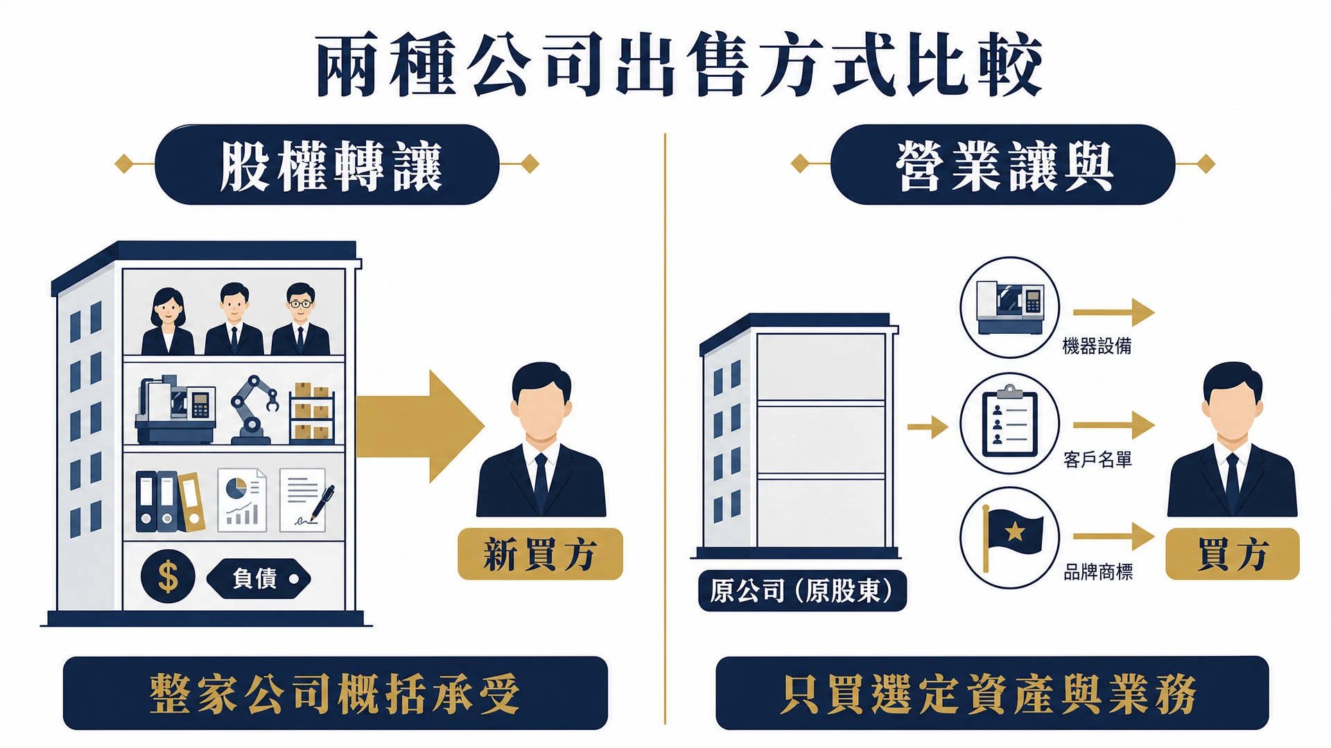 股權轉讓與營業讓與差異示意圖:股權轉讓是公司整體易主,營業讓與是出售特定資產與負債