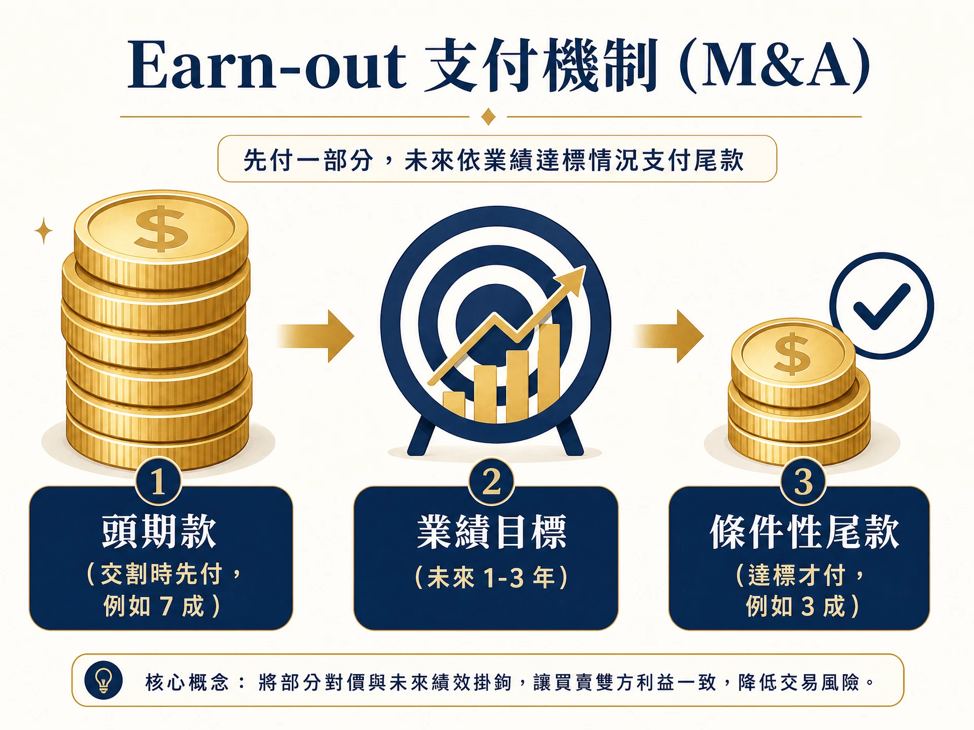 業績對賭 Earn-out 機制圖解:頭期款與條件性尾款的分配